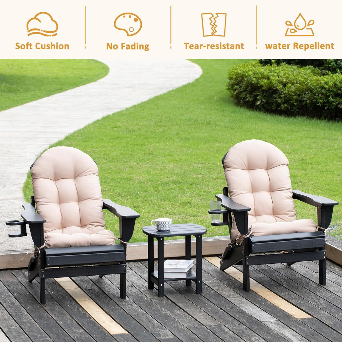 nalone 2 Pack Adirondack Cushion Rocking Chair Cushions High Back Adirondack Chair Cushion with Ties Patio Cushions for Outdoor Furniture (2 Pack, Beige)