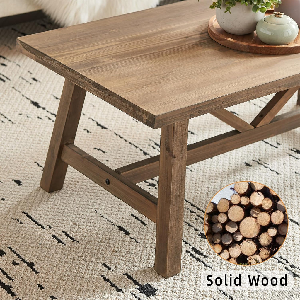 Wnutrees 43" Farmhouse Solid Wood Coffee Table, Rustic Rectangular, Natural