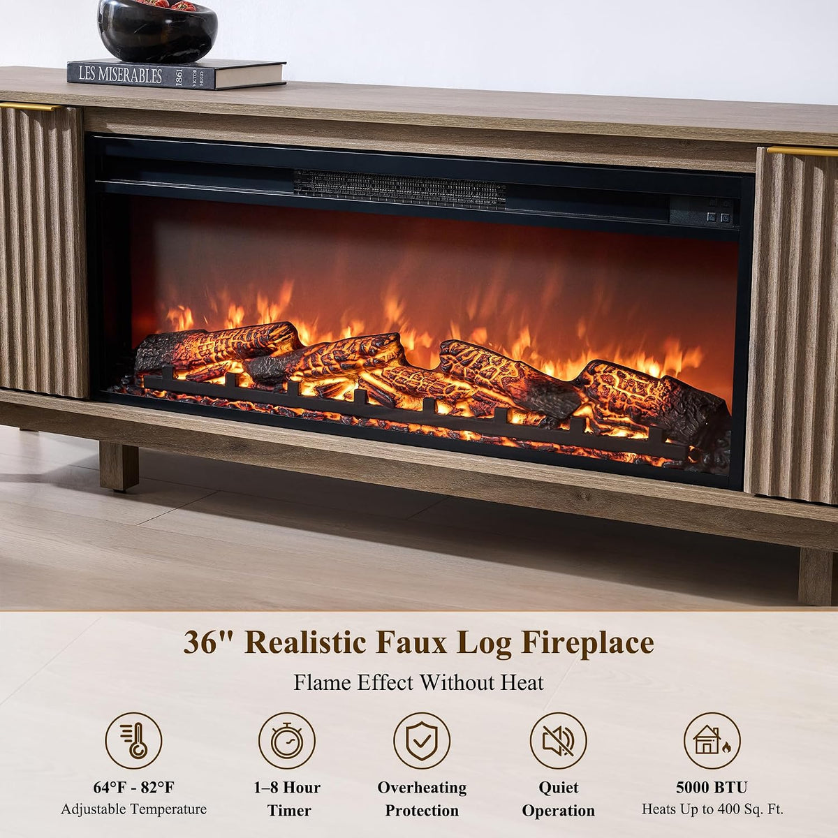 OKD 70" Fluted Fireplace TV Stand with 36" Electric Fireplace, Alder Grey