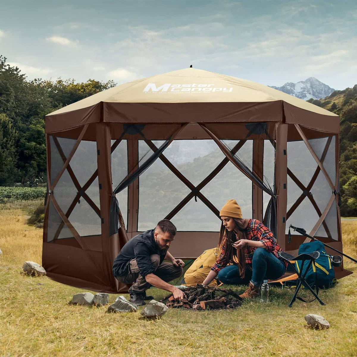 MASTERCANOPY 12x12Pop Up Gazebo Screen Room with Netting Beige&Coffee