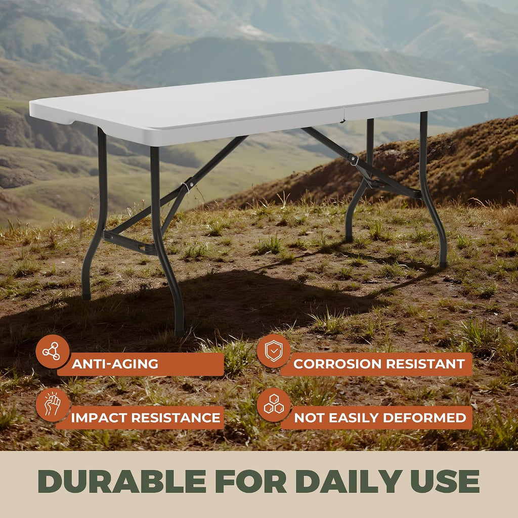 2-Pack 6 Feet Foldable Table, Heavy Duty Steel Legs with Built-in Handle, Easy Fold & Store, Portable Folding Table for Parties, Weddings, Camping