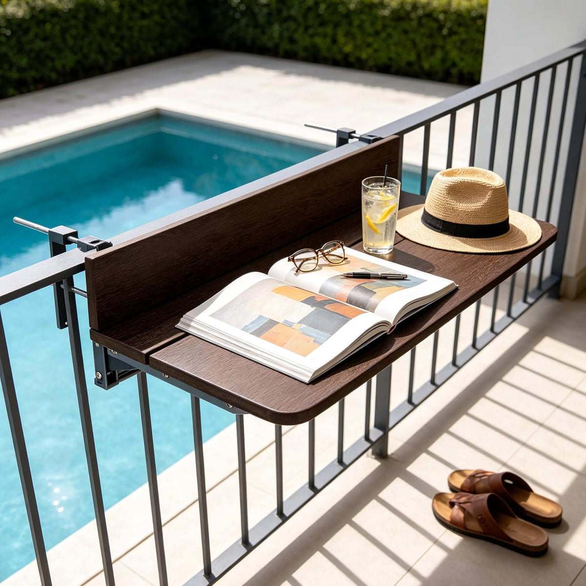 Balcony Bar Table for Railings, Outdoor HDPE Hanging Folding Adjustable Height Deck Rail Table for Patio, Garden, Rustproof Aluminum Alloy Frame,Weather Resistant, Easy Assembly