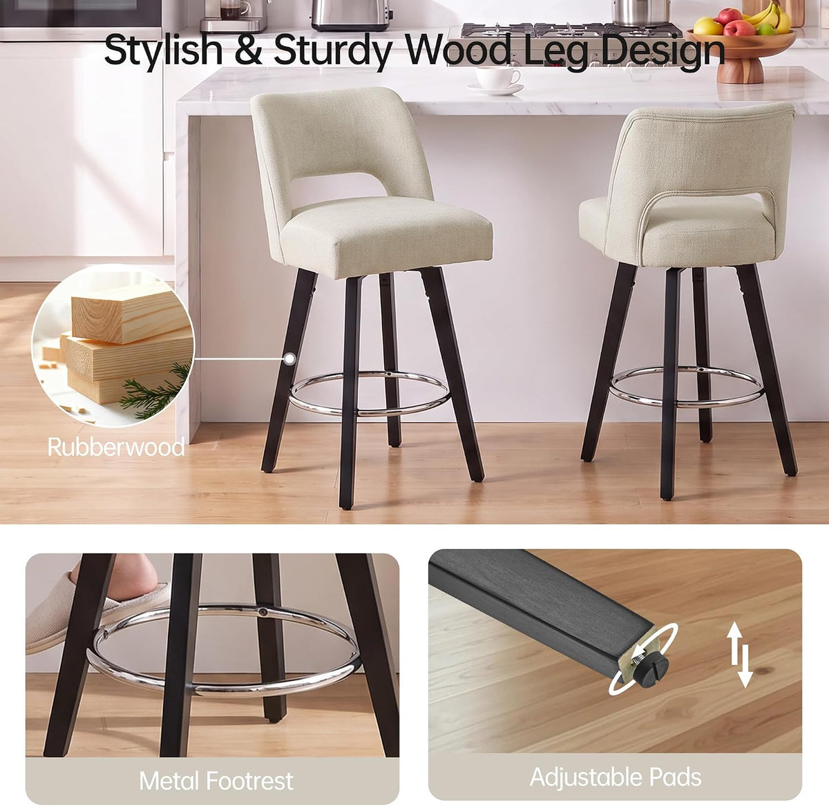 VKNOW 26" Wooden Swivel Counter Height Bar Stools Set of 2 with Open Back