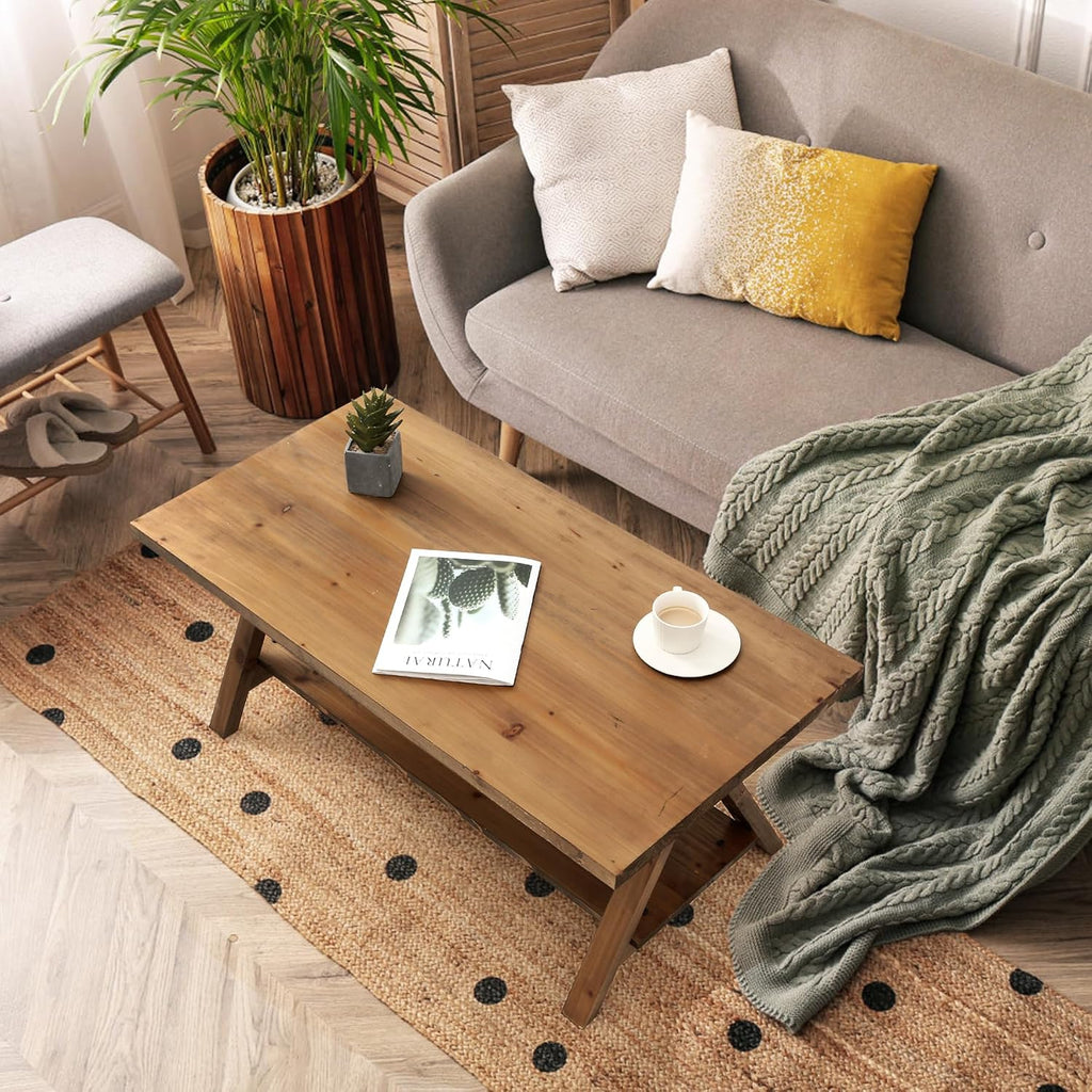 HOKYHOKY Solid Wood Coffee Table - 42.5” Firwood Farmhouse Rustic Wooden Coffee Tables for Living Room, Solid Firwood Rectangle Coffee Table, Center Table for Living Room, Brown