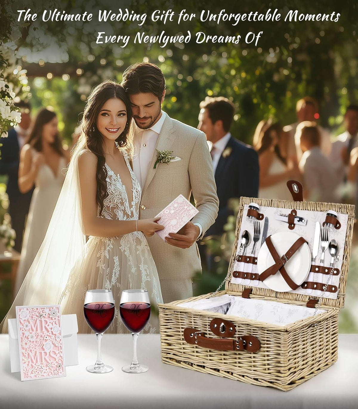 Picnic Basket for 2 Bridal Shower Wedding Gifts with Mr Mrs Wine Glasses