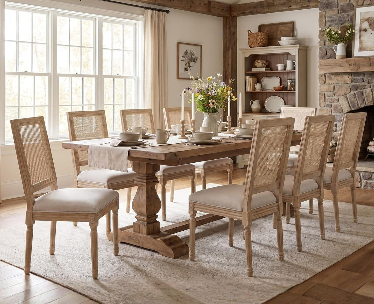 CIMOTA Farmhouse Dining Chairs Set of 8, French Rattan Dining Room Chairs with Distressed Wood Upholstered Vintage Side Chairs for Kitchen/Restaurant, Linen Beige/8PCS