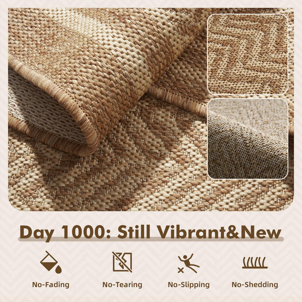 MontVoo-3x5 Outdoor Rug Porch Entryway Rug-Polypropylene Indoor Outdoor Rugs for Entryway Kitchen Balcony Patio, Textured Weave, Durable, Fade-Resistant, Non-Shedding, Boho Geometric Neutral Brown