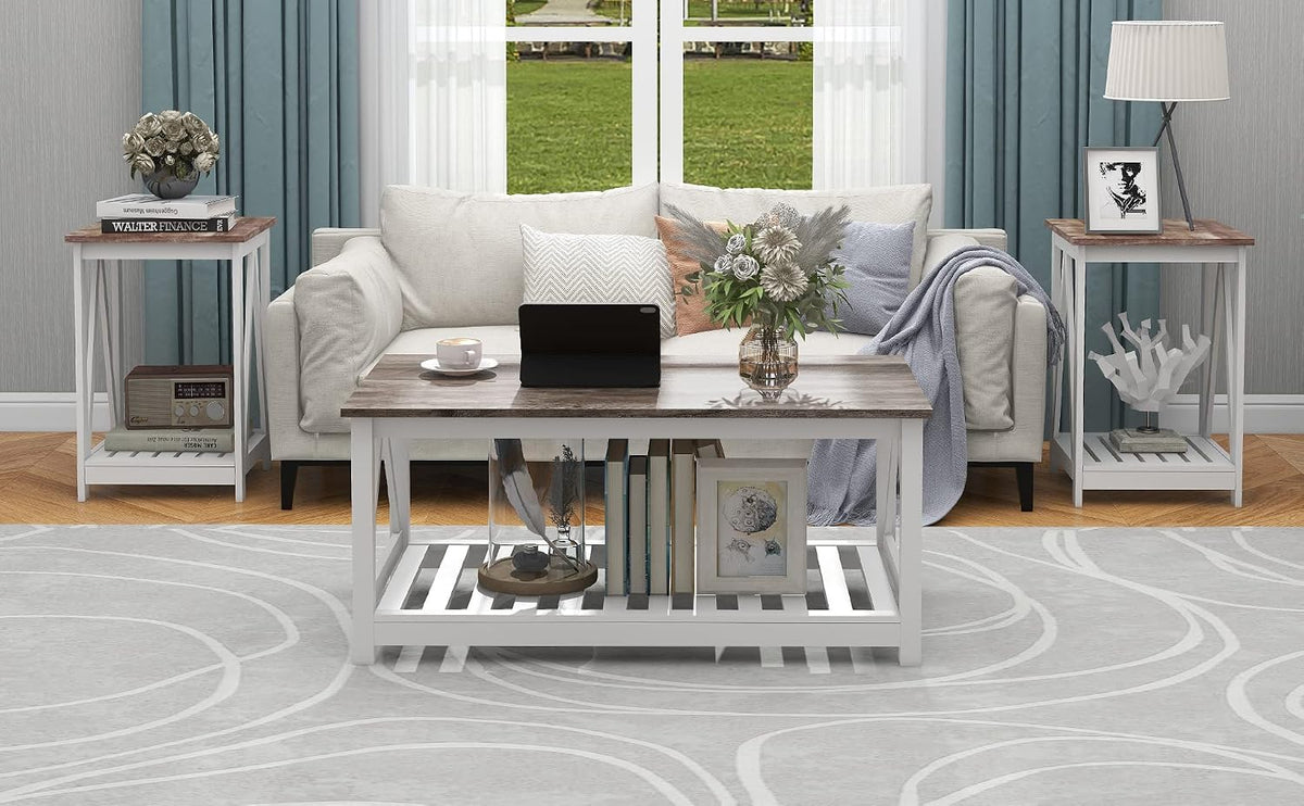 Farmhouse Coffee Table and End Table Set, Oak Grey Wooden Living Room Furniture with Slats Base, Oak Grey (2-Piece)