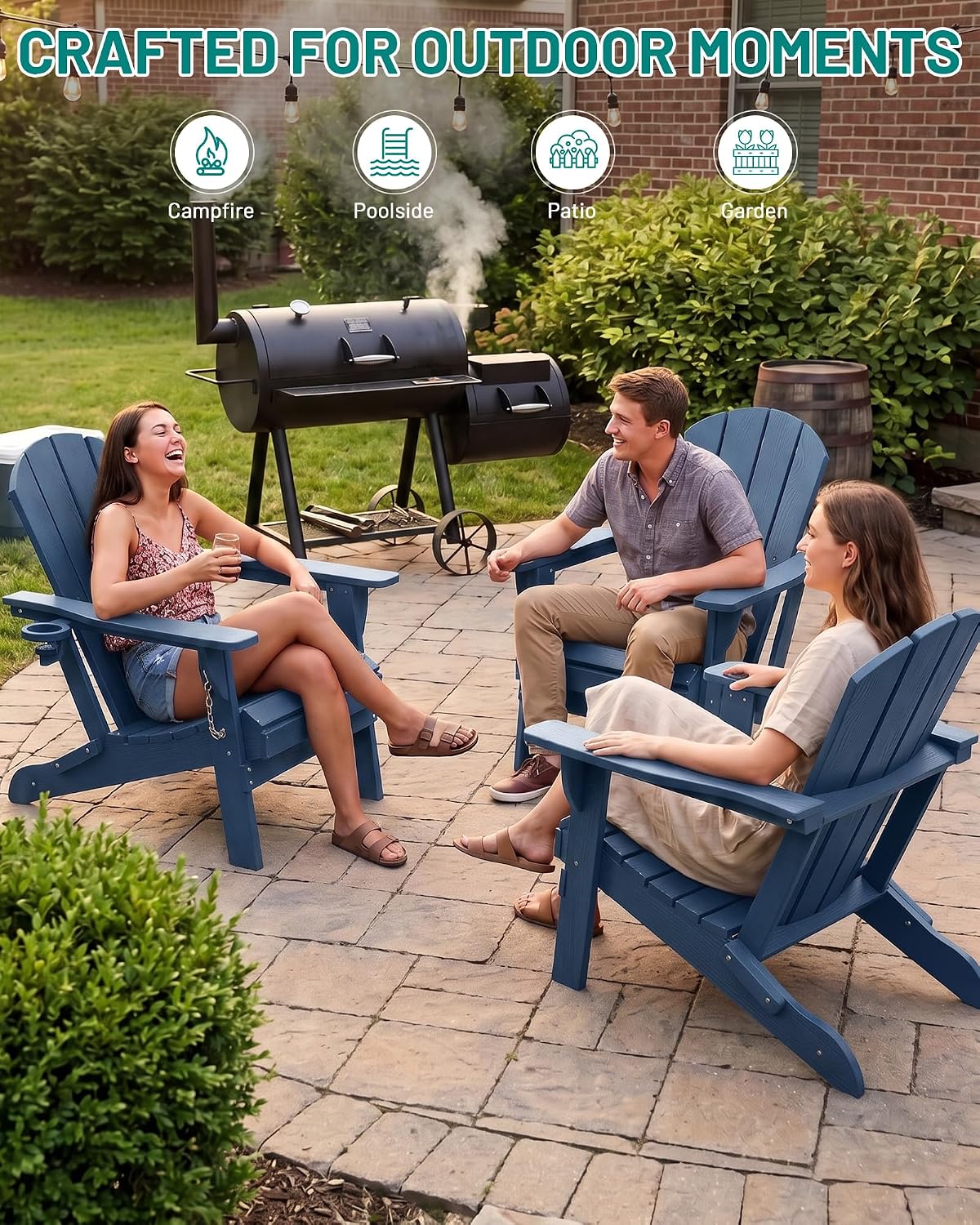 PLUUV Folding Adirondack Chair, HDPE Fire Pit Chairs with Cup Holder, Navy