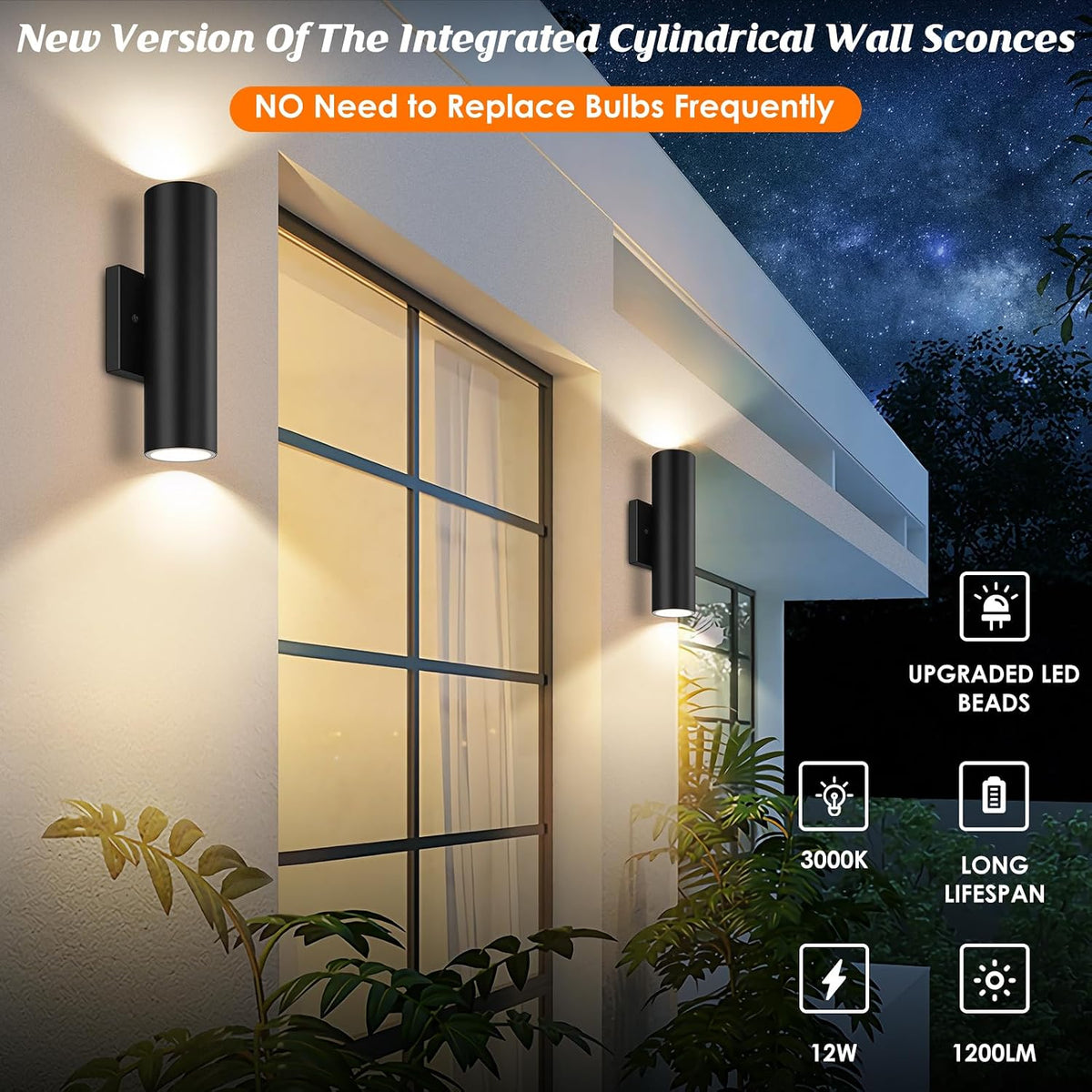 GoBright Outdoor Wall Lights, 12W Integrated LED Cylinder Up Down Lights