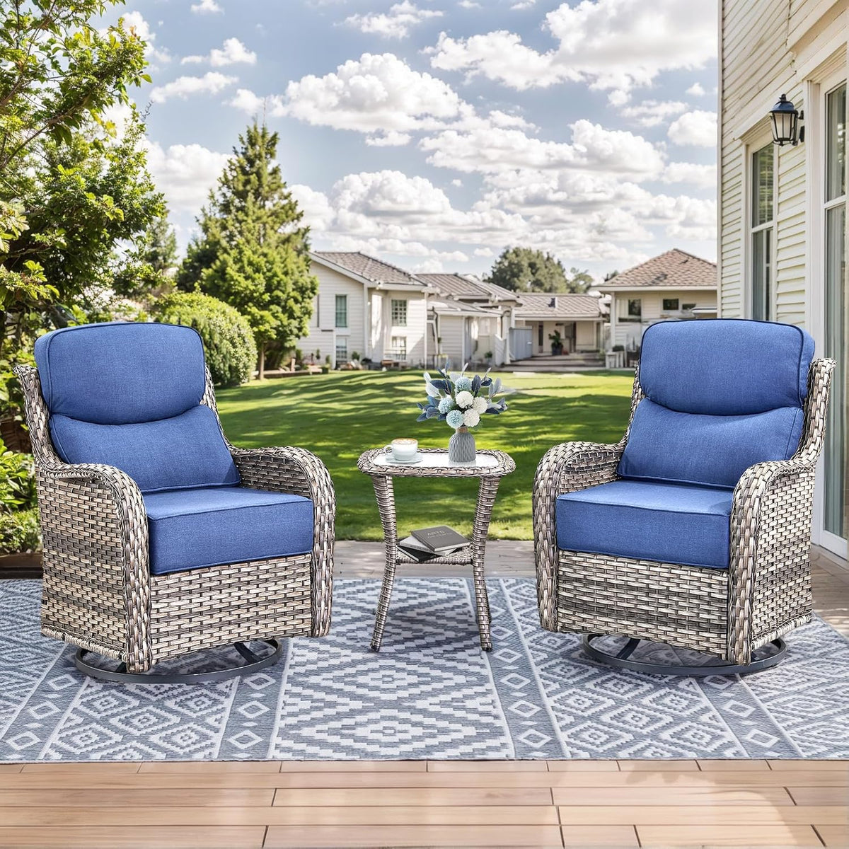 HUMMUH 3 Piece Wicker Swivel Rockers & Side Table, Grey/Blue