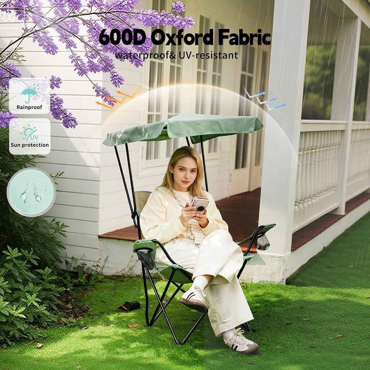 YOUNG WOOD Camping Chair with Canopy, Beach Chair with Shade,Portable,Lightweight Oversized for All, Easy to Open and Close Without Installation, Side Pocket Design for All Outdoor Activities，Blue