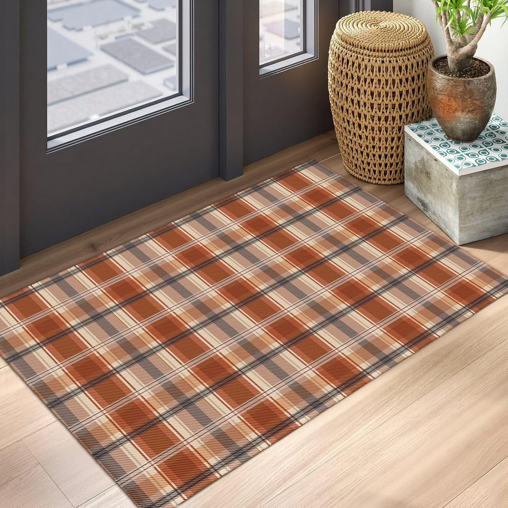 Fall Plaid Doormat Autumn Burnt Orange Buffalo Check Area Rugs 2x3 Farmhouse Thanksgiving Holiday Decorative Front Door Mat Washable Small Rugs for Entryway Bedroom Bathroom Laundry
