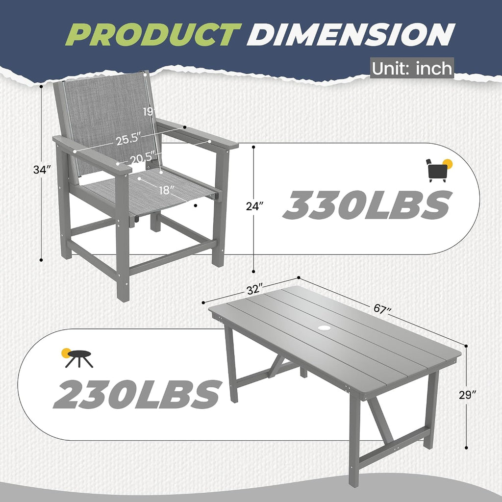7 Pcs HDPE Outdoor Dining Set for 6 Patio Umbrella Hole Table and Chair Set