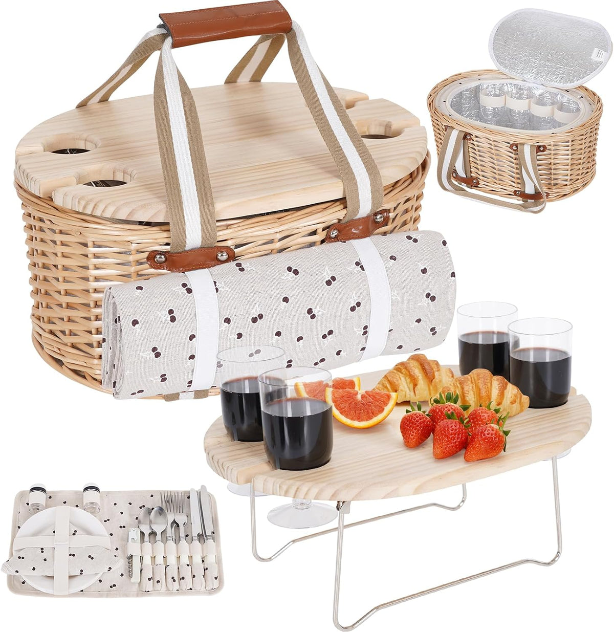 Picnic Basket Set for 4 - Wicker Insulated Picnic Basket
