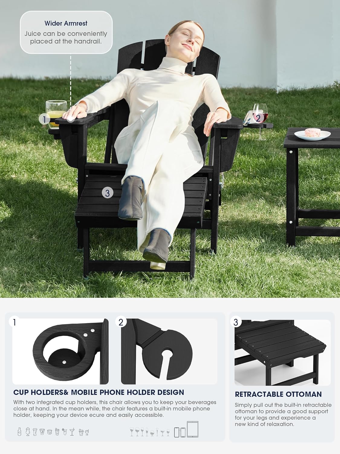 KINGYES 6 Pieces Folding Adirondack Chair with Ottoman & Cup Holders, Black