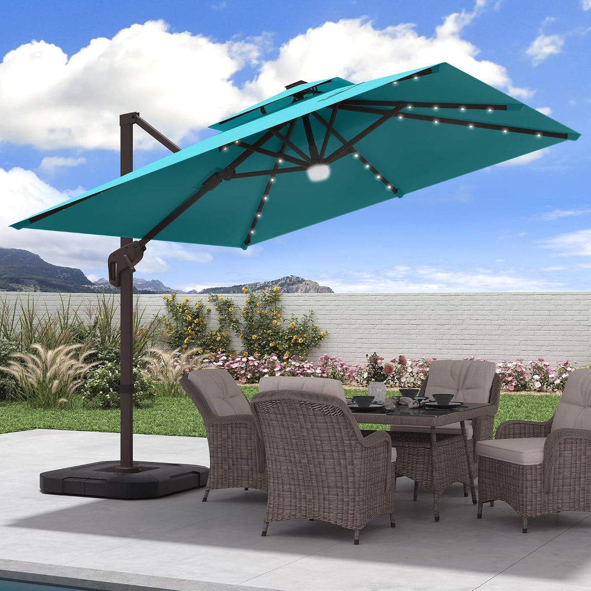 9x9 FT Cantilever Offset Patio Umbrella with Lights & Base