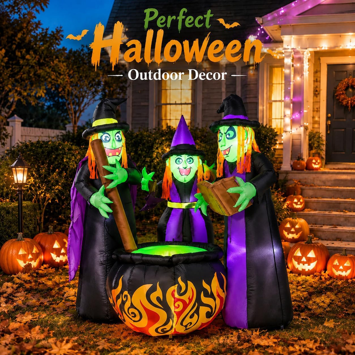 6 FT Halloween Inflatables 3 Witches Around Cauldron Outdoor Decorations, Scary Blow Ups with Build-in LED Lights, Yard Garden Decoration for Halloween Party Indoor Outdoor