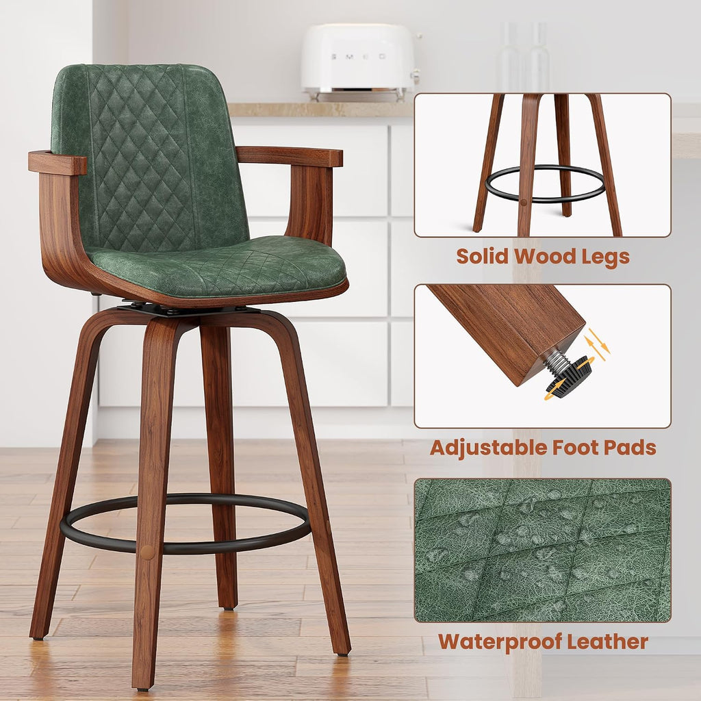 YaFiti Bar Stools Set of 2, 26" Bentwood Counter Stools with Arms, Green