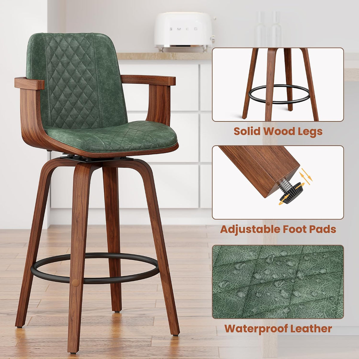 YaFiti Bar Stools Set of 2, 26" Bentwood Counter Stools with Arms, Green