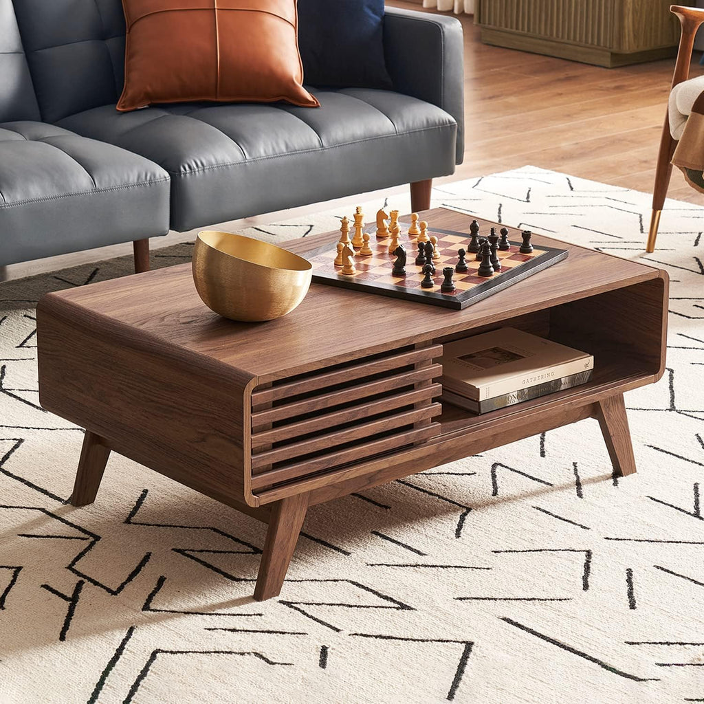 mopio Ensley Dual-Side Storage Coffee Table – Mid Century Modern Fluted Wood Table with 4 Compartments for Living Room Organization, Curved Safety Edges, Tapered Legs (Walnut, 39.2" W x 23.2" D)