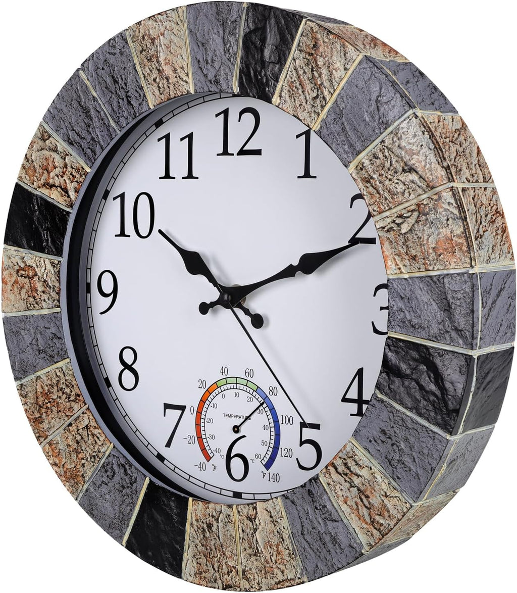 Outdoor Clock Waterproof with Thermometer, 13 Inch Silent Rustic Resin Wall Clock Weatherproof Decor for Patio Pool Garden Porch, Faux-Stone Brown
