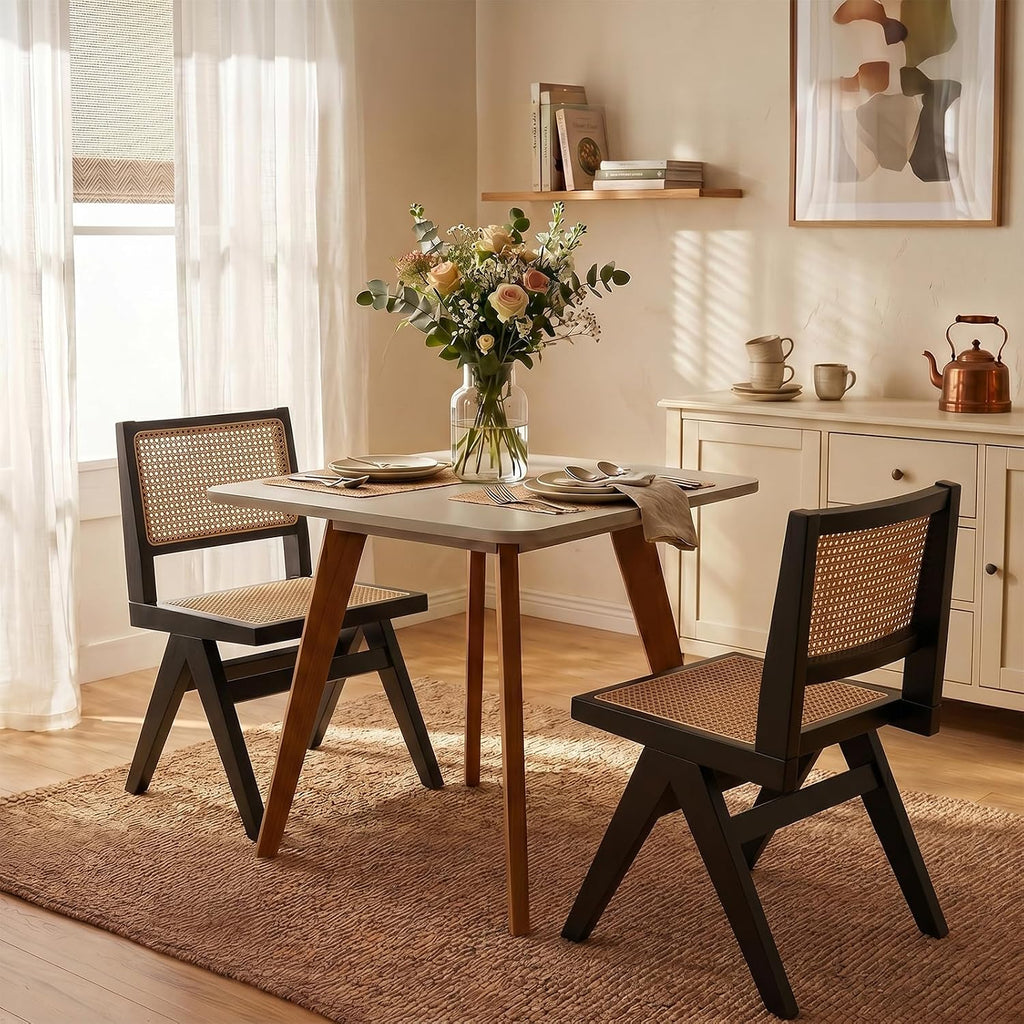 Rattan Armless Dining Chairs Set of 4,Black Solid Wood Mid Century Chairs