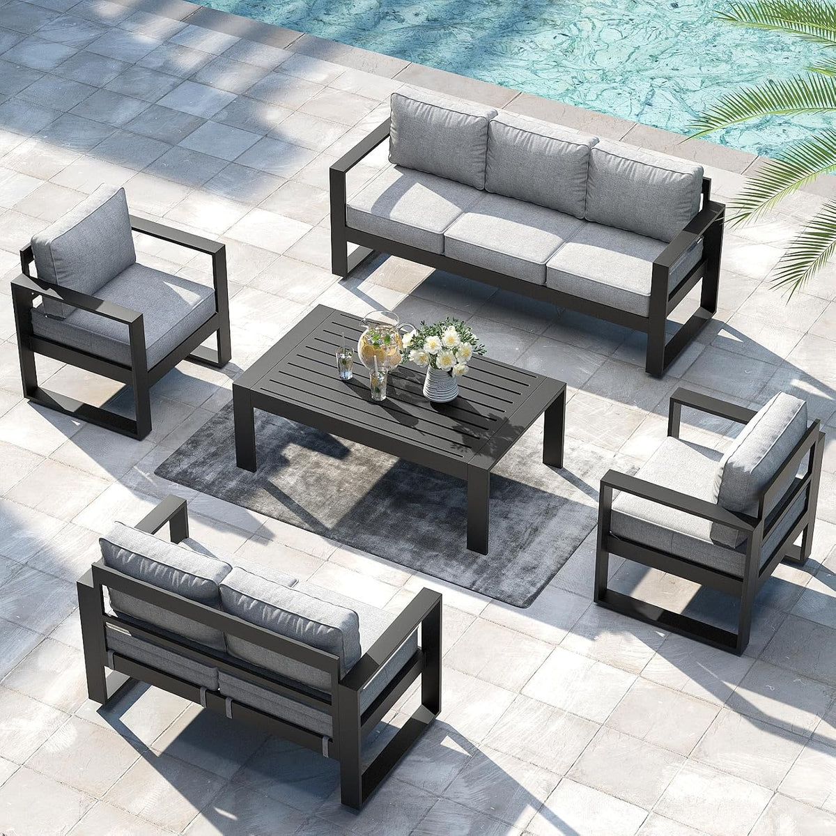 layinsun outdoor patio aluminum chair, metal modern armchair shown in use