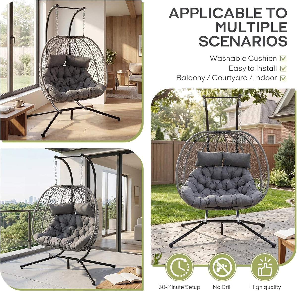 Double Egg Chair with Stand for 2 Persons, Oversized Patio Hanging Basket Chair, Honeycomb Wicker Swing Chair with Thick Cushions & Headrests, 800LBS Heavy Duty Indoor Outdoor, Light Grey