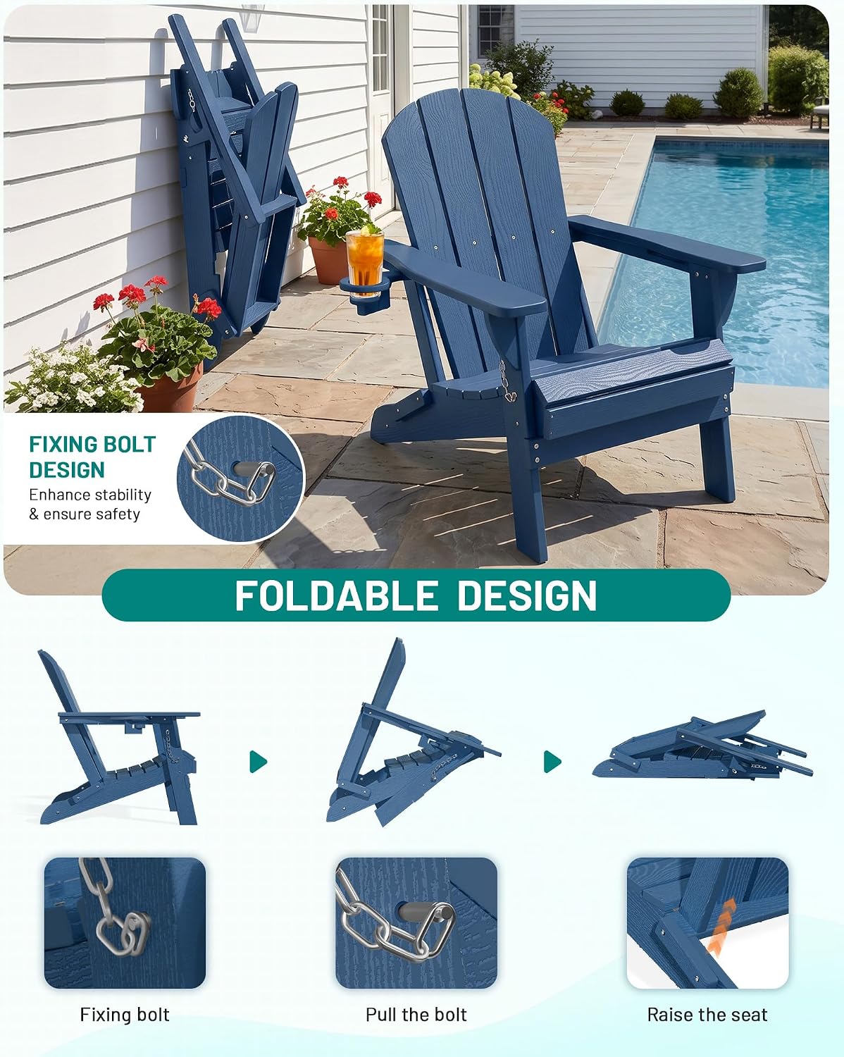 PLUUV Folding Adirondack Chair, HDPE Fire Pit Chairs with Cup Holder, Navy