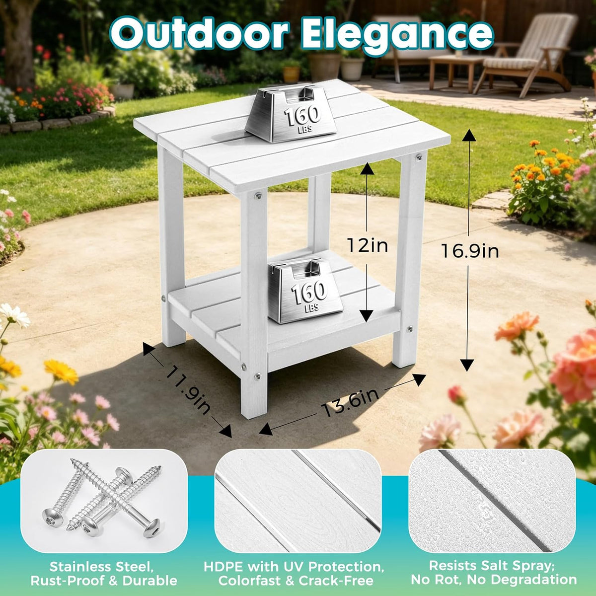 Outdoor 2-Tier Square Side Table, Adirondack Weather Resistant Patio End Table, Low Maintenance HDPE Accent Table for Backyard, Pool, Porch, Deck, White