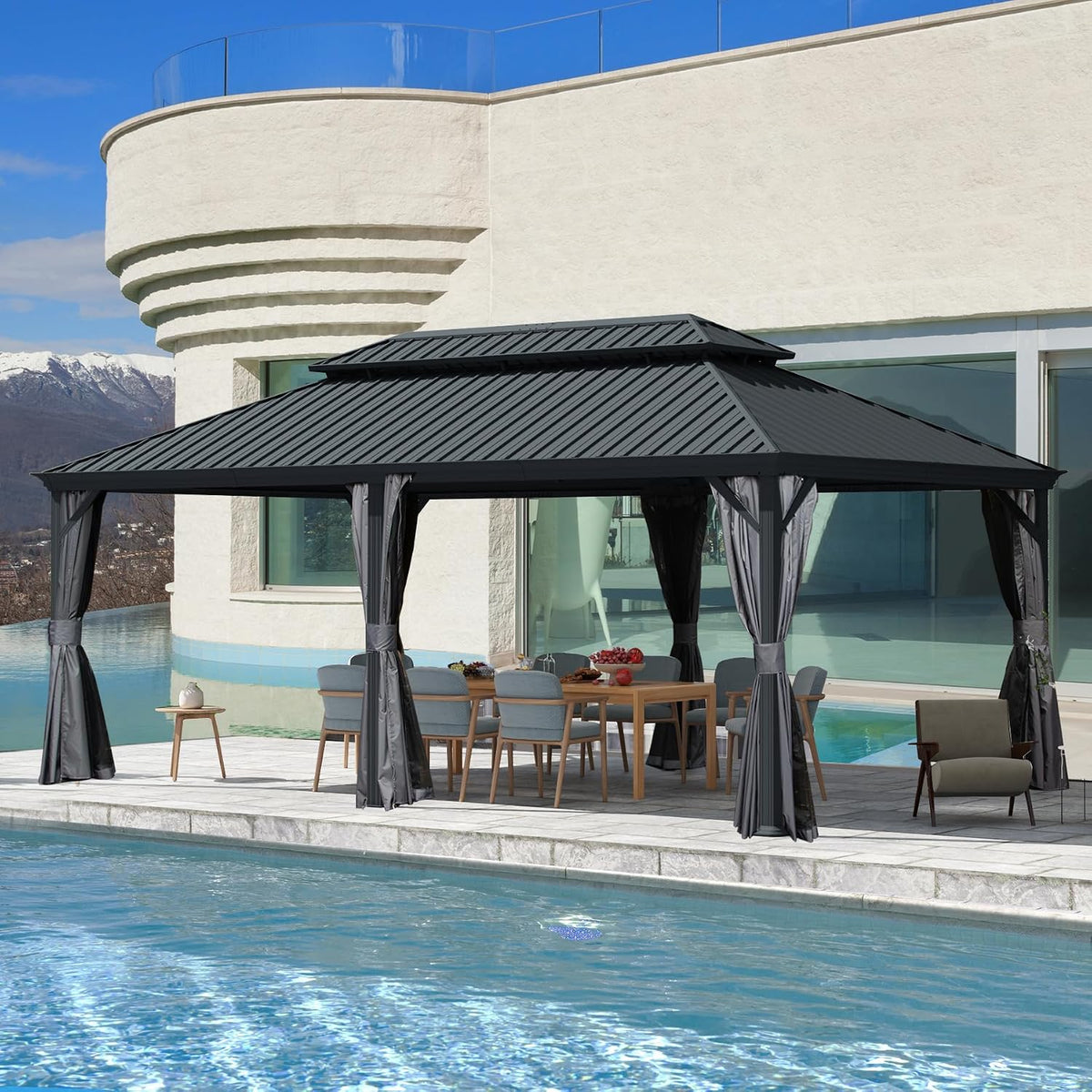 Outdoor Patio Metal Hardtop Gazebo 14x22FT with Gutter Pergola -Grey