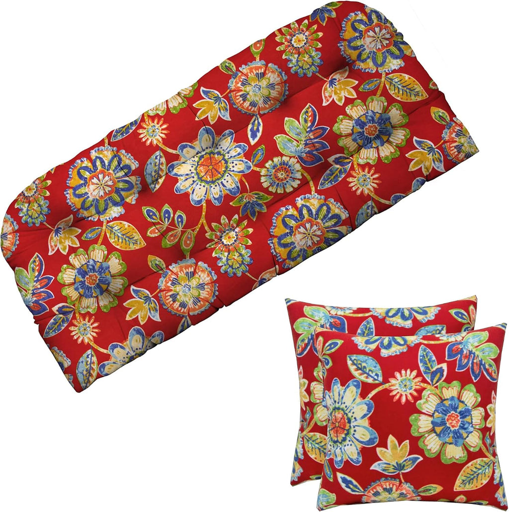 RSH DCOR Tufted Wicker Loveseat Settee Bench Cushion & Pillow Set of 2 | 41" W x 19" D and 17" x 17" | Hypoallergenic Poly Fiberfill | Indoor Outdoor | American Made | Daelyn Cherry