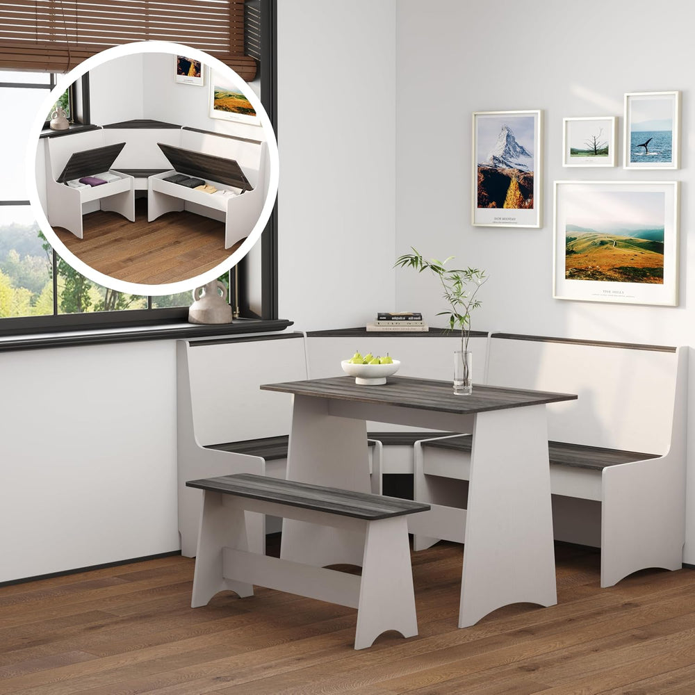 Farmhouse Breakfast Nook Table Set with Corner Bench (White + Gray)