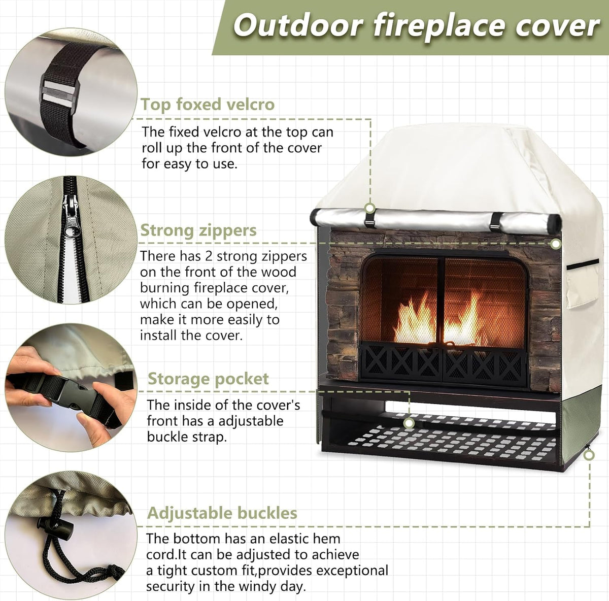 Outdoor Fireplace Cover, 42"W × 24"D × 48"H, Beige & Grayish Green