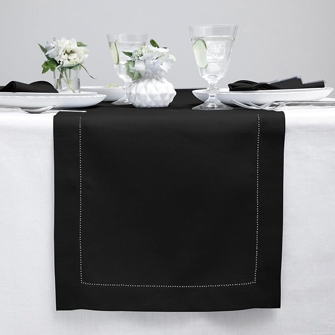 Solino Home Linen Black Table Runner 108 Inches Long - 100% Pure Linen 14 x 108 Inch Table Runner for Fall, Autumn, Halloween, Thanksgiving - Classic Hemstitch