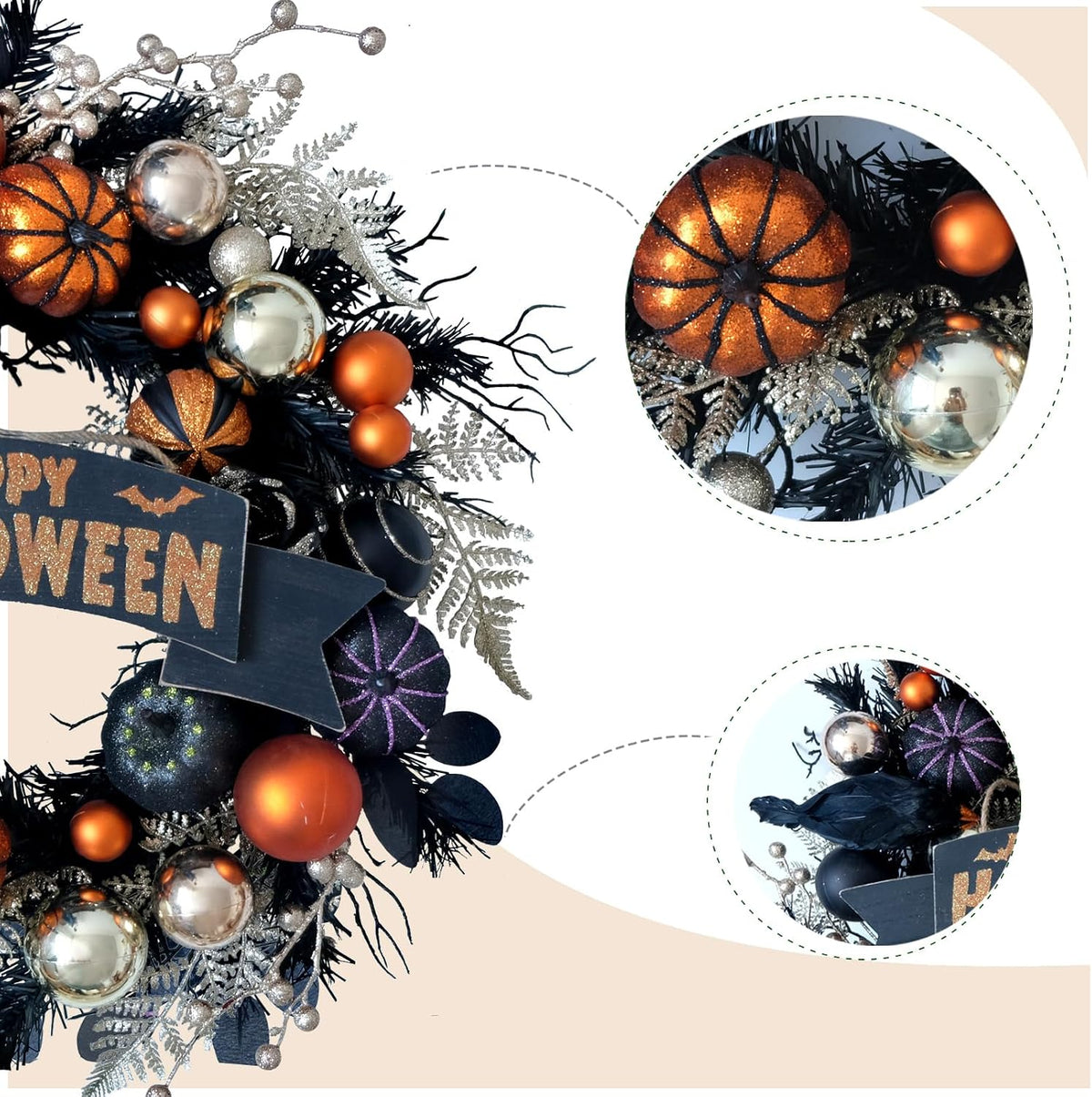 24“ Halloween Black Glitter Pumpkin with Balls Wreath for Front Door
