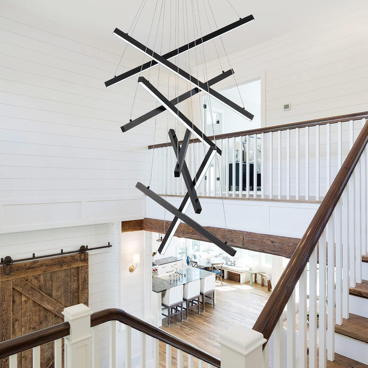 Modern Black LED 8-Light Linear Chandelier, 98.4", for High Ceilings