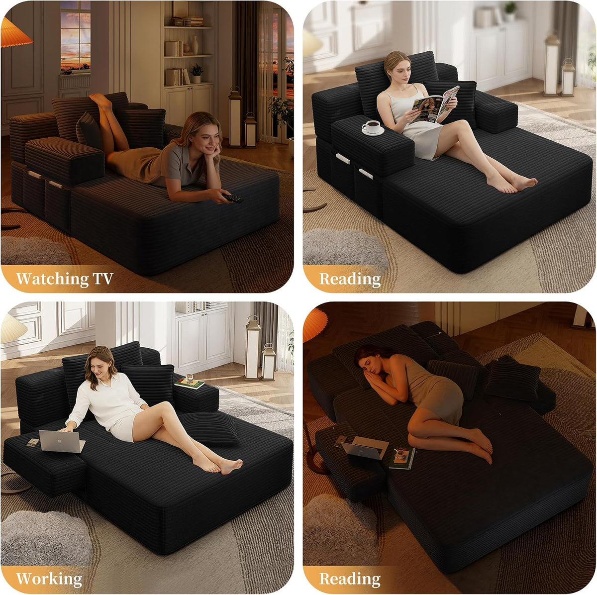 Avenix 70" Oversized Boneless Chaise Lounge Chair Indoor, Comfy Oversized Reading Chair Sleeper Sofa Couch Bed with 3 Fluffy Pillows, No Assembly Required, Black