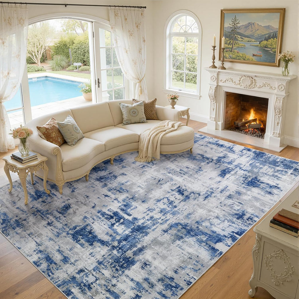 8x10 Area Rug for Living Room, Washable Modern Abstract Large Rug, Soft Low Pile Non Slip Indoor Floor Carpet for Bedroom Dining Room Home Office, Blue Grey