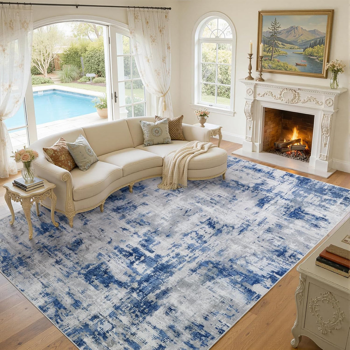 8x10 Area Rug for Living Room, Washable Modern Abstract Large Rug, Soft Low Pile Non Slip Indoor Floor Carpet for Bedroom Dining Room Home Office, Blue Grey