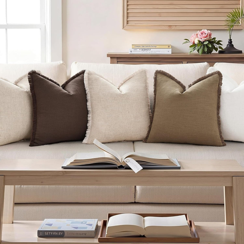 decorUhome Linen Fringe Chocolate Throw Pillow Covers 26x26 Set of 2