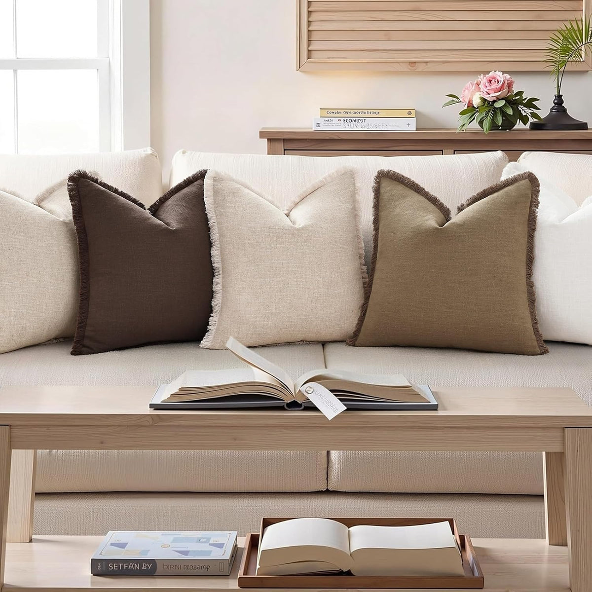 decorUhome Linen Fringe Chocolate Throw Pillow Covers 26x26 Set of 2