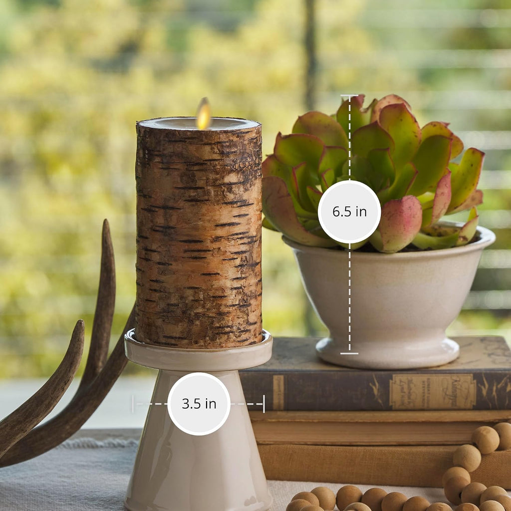 Luminara Real Birch Bark Wrapped Flameless LED Candle, 3.5" x 6.5", Battery Operated Moving Flame Pillar Light with Timer - Natural Decor Unscented