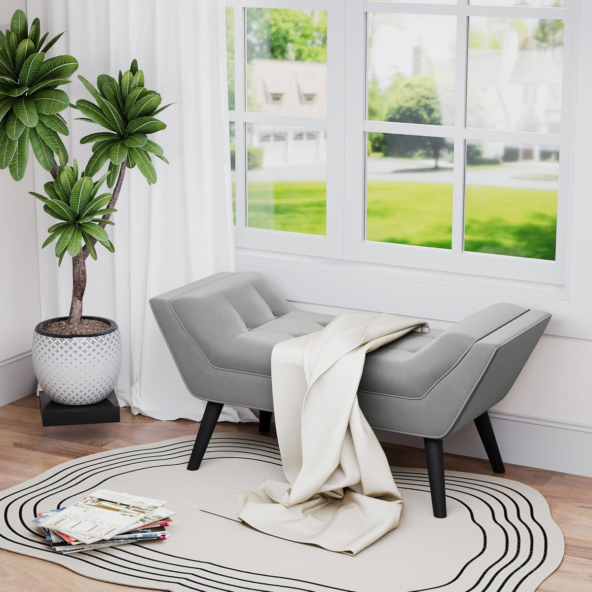 Andeworld Upholstered Tufted Small Cute Bench Ottoman for Entryway Foyer Bathroom Vanity Bedroom (One Seater, Velvet Grey)