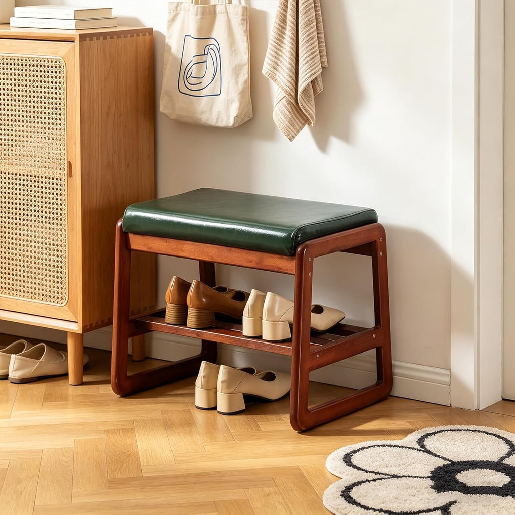 SOBIBO Solid Wood Shoe Bench, 2-Tier Wooden Entryway Bench, Modern Shoe Rack with Faux Leather Cushion for Hallway, Living Room (Green, 21.65'')