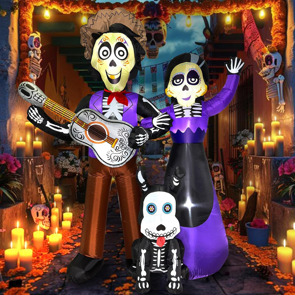 6 FT Halloween Inflatables Decoration, Blow Up Yard Decorations, Day of The Dead Spooky Sugar Skull Couple Guitar and Skeleton Dog, Dia De Los Muertos Décor with Built-in LED for Outdoor