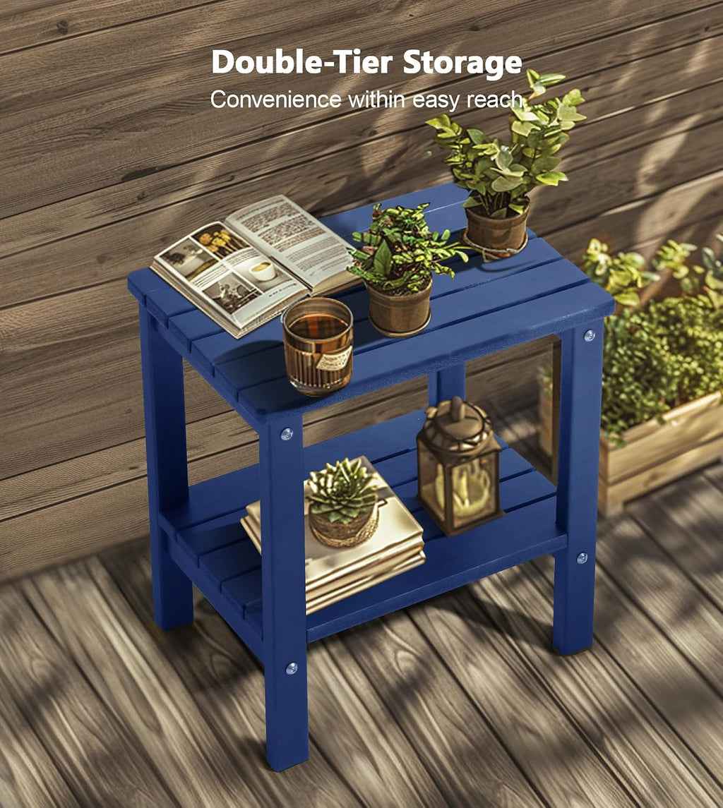 PASAMIC Outdoor Side Table, 2-Tier Storage Patio Side Table, HDPE Adirondack Side Table, Weather Resistant Square Small Outdoor Table for Patio, Backyard, Pool & Garden, Navy Blue