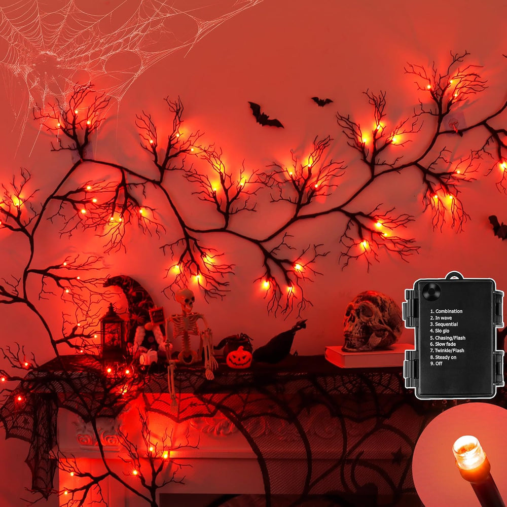 9 Ft 66 LED Willow Vine Twig Decor Black Halloween Garland with Orange Lights...