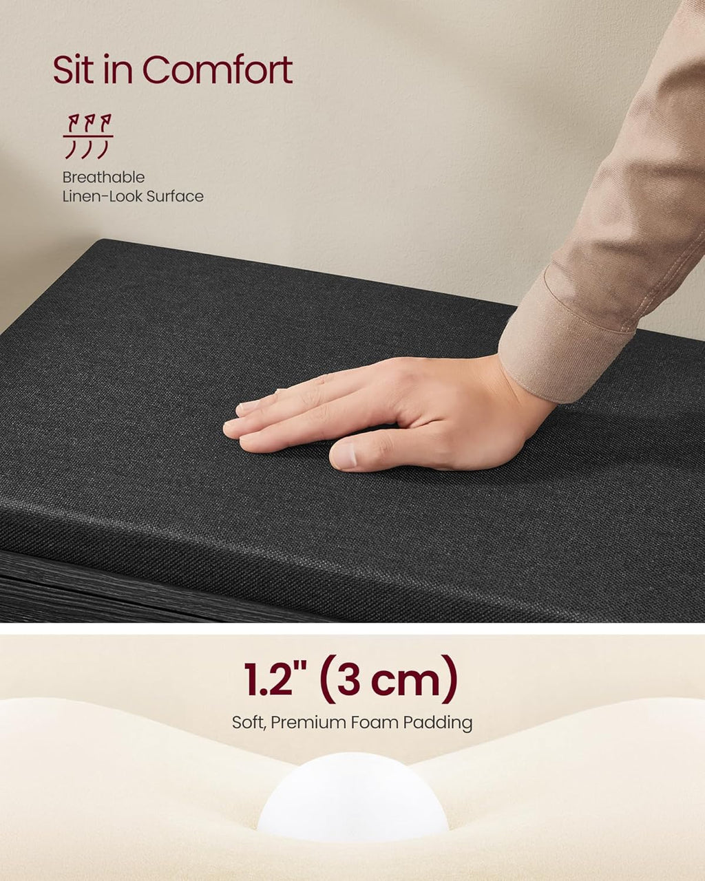 vasagle 3-tier shoe storage bench with cushion, 14 showing dimensions